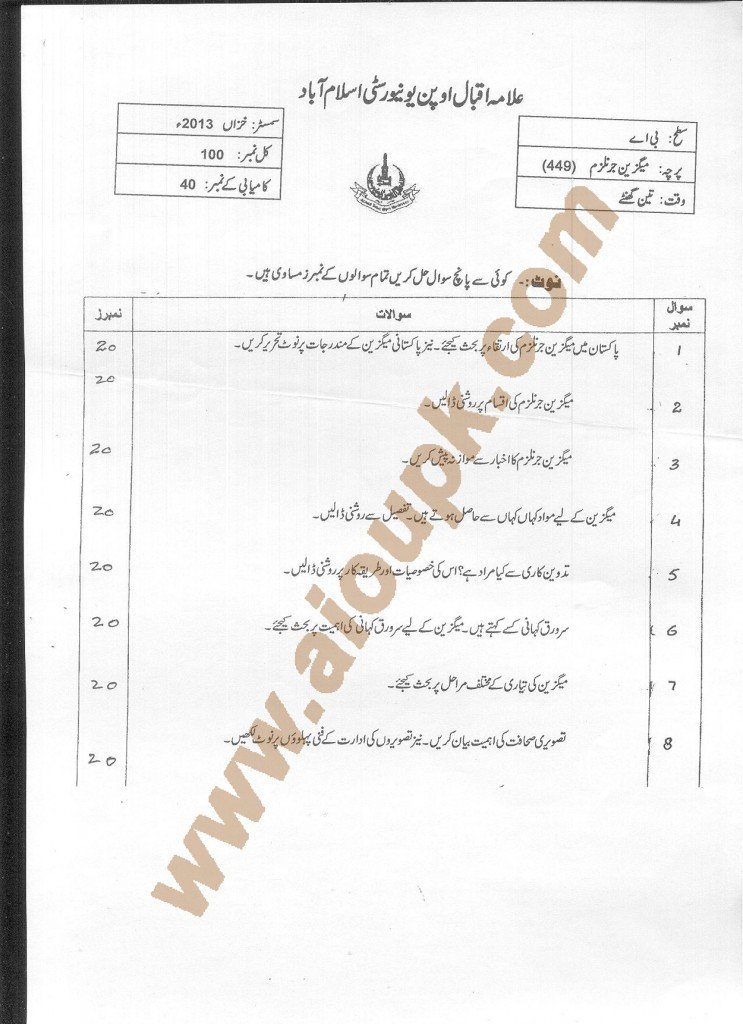 AIOU Old Paper Code 449 name Magazine Journalism 2014