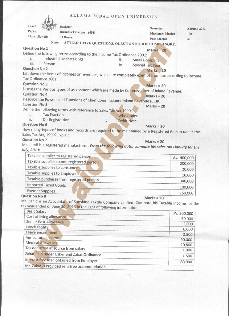 AIOU Old Paper code 456  Business Taxation 2014-15