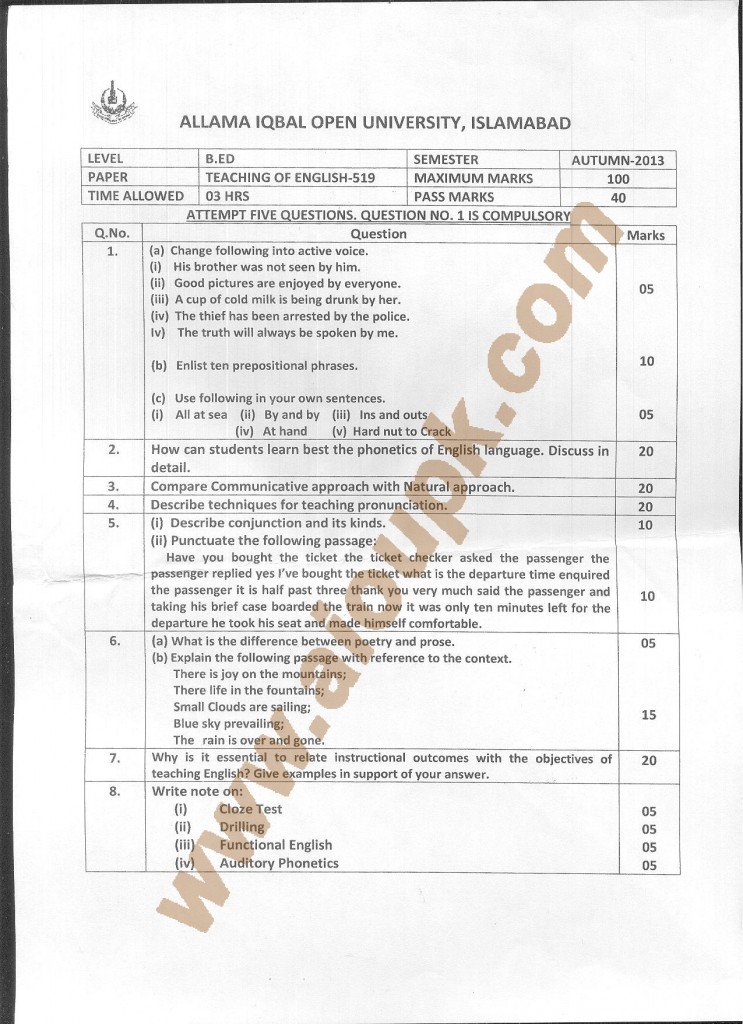 AIOU Old Paper code 519 Teaching of English 2014