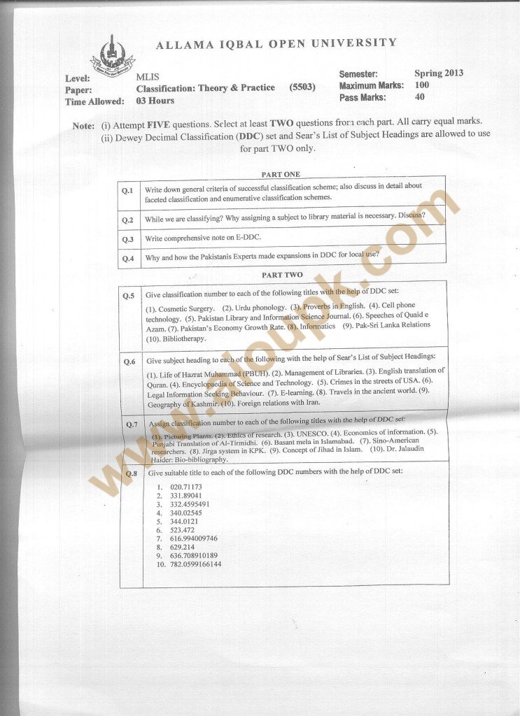 Code 5503 AIOU Old Paper Classification Theory and Practice MLIS