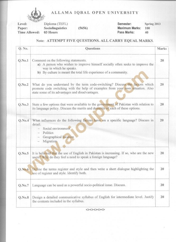 Code no. 5656 AIOU Old Paper Sociolinguistics Spring 2013