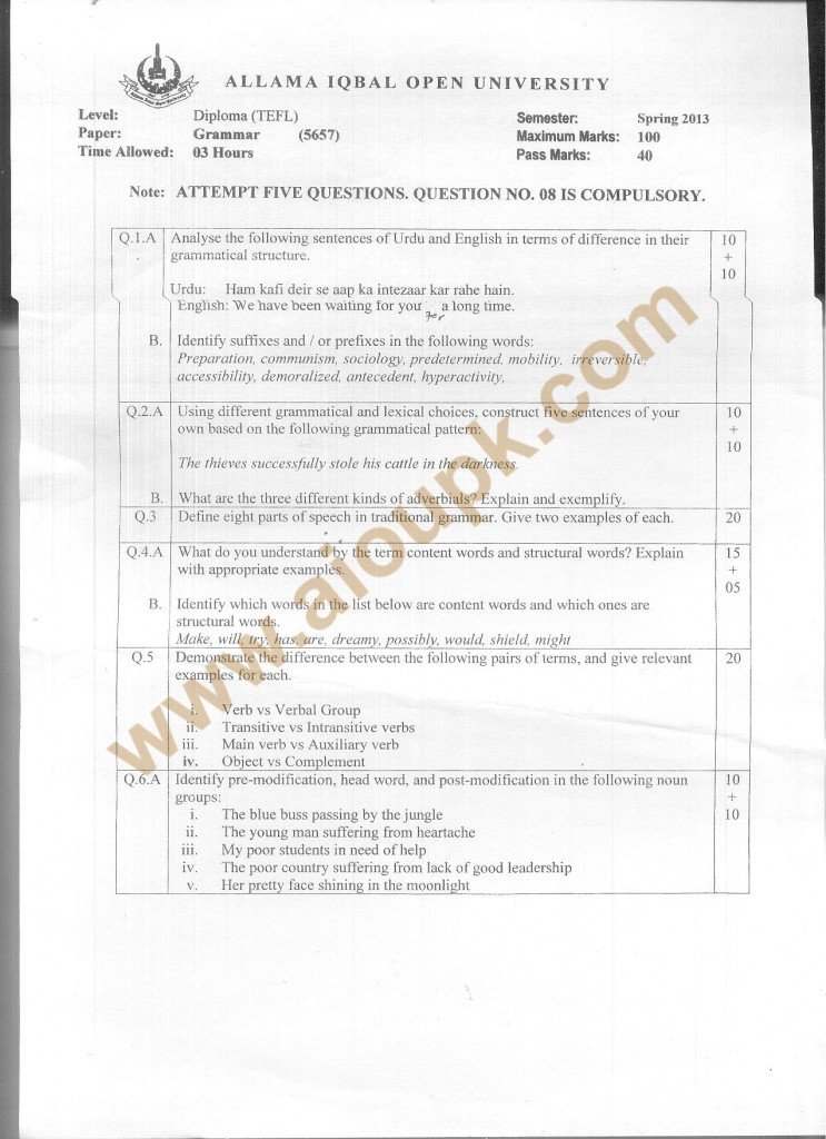 Grammar Code 5657 a AIOU Old Paper Spring 2013 Diploma 