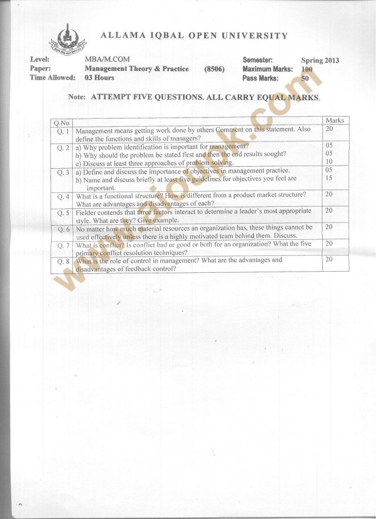 Code 8506 AIOU Old paper Management Theory and Practice 2013