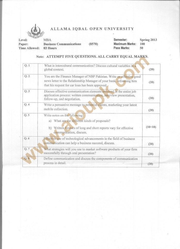 Code 8570 AIOU Old Paper Business Communication Spring 2013