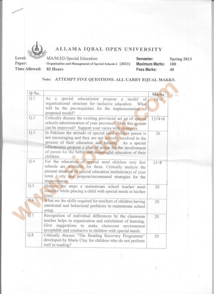 Code 3611 AIOU Old Paper Organization and Management of Special Schools Part-I 