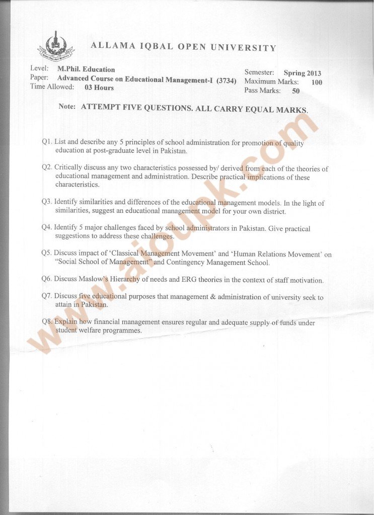 Code 3734 AIOU Old Paper Advanced Course on Educational Management-I  Spring 2013