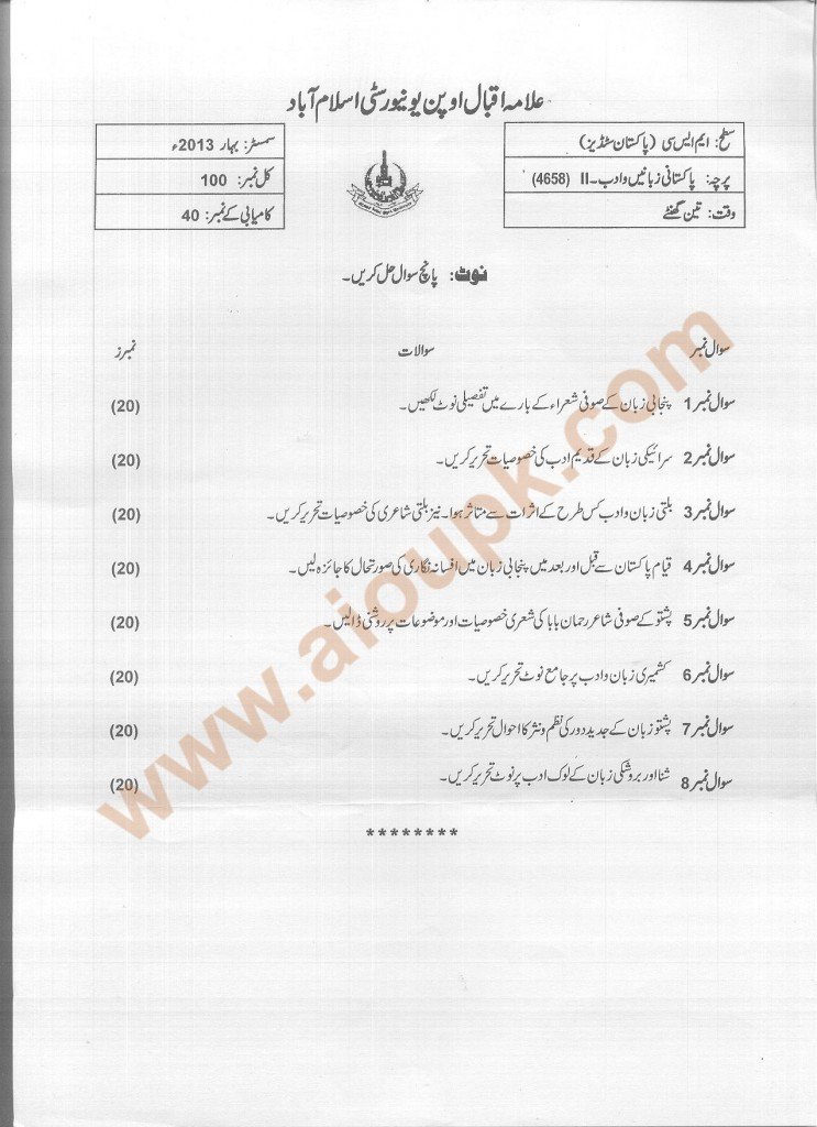 Code No 4658 AIOU Old Paper Pakistani Languages and Literature-II Spring 2013