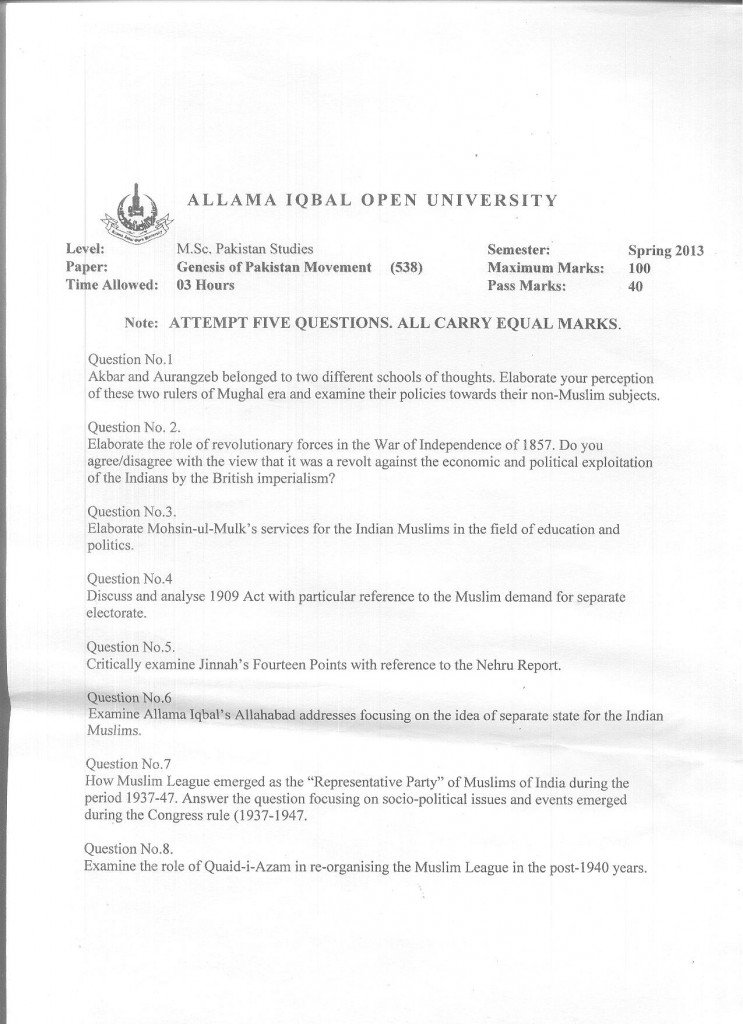 Code 538 AIOU Old Paper Genesis of Pakistan Movement Spring 2013