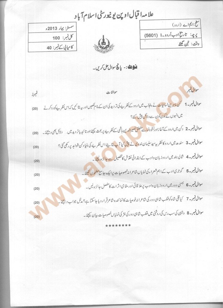 Code 5601 History of Urdu Adab-I AIOU Old Paper Spring 2013