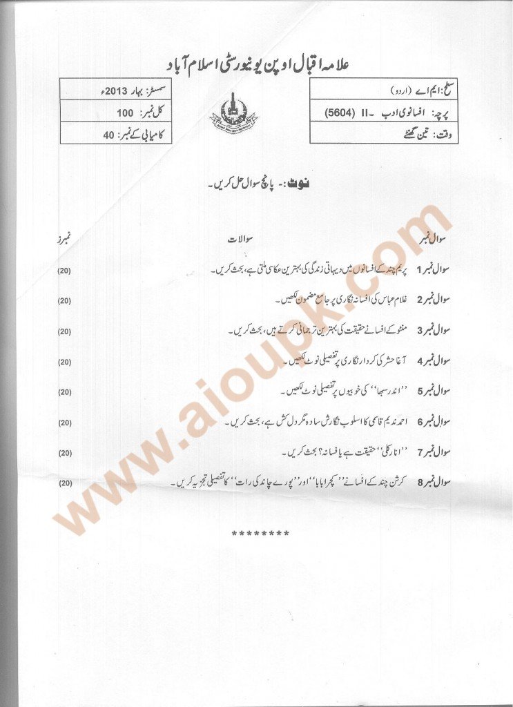 Code 5604 Urdu Fiction-II  AIOU Old Paper Spring 2013