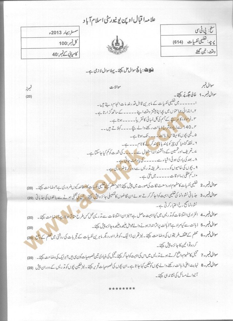 Code 614 AIOU Old Paper Educational Psychology