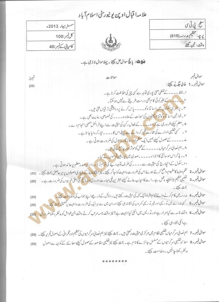 Code 615 School Organization AIOU Old Papers
