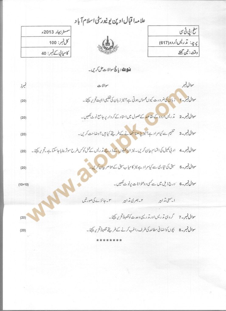 Code 617 Teaching of Urdu AIOU Old Paper