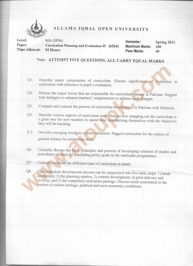 Code 6564 Curriculum Planning and Evaluation Part 2 AIOU Old Paper