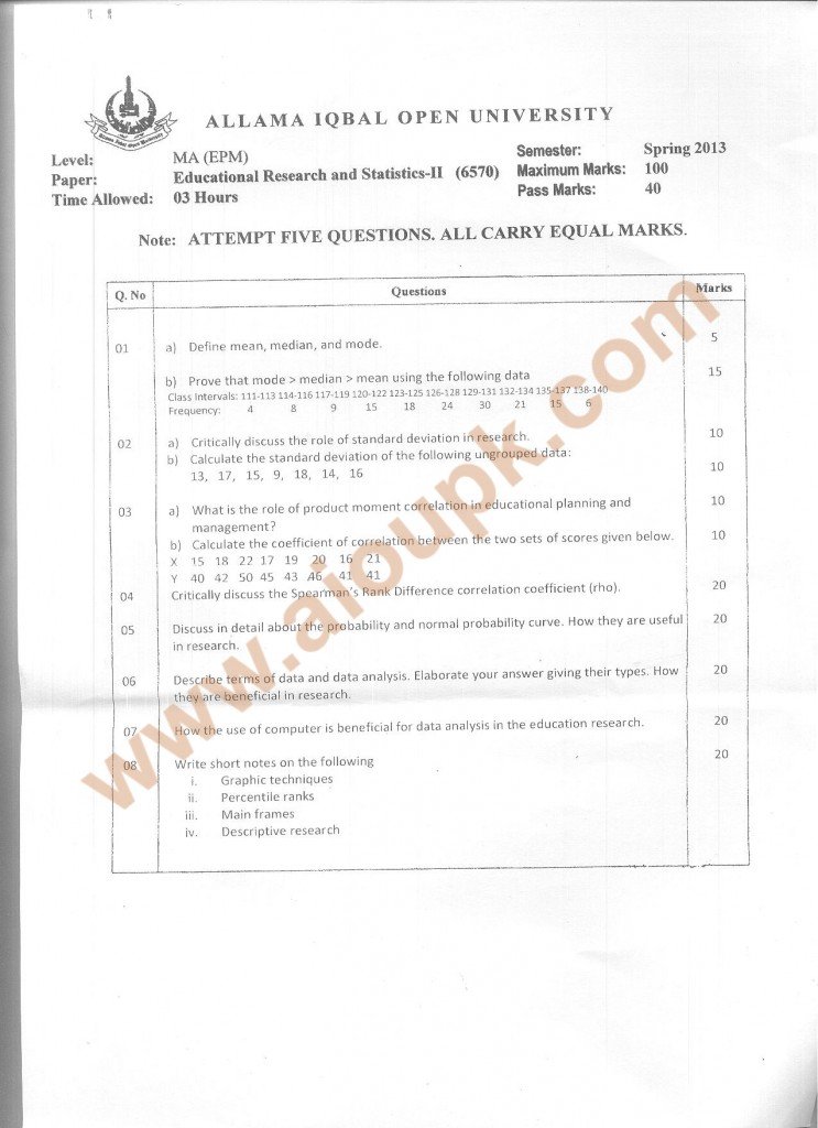 Code 6570 Educational Research and Statistics Part 2 AIOU Old Paper Spring 2014