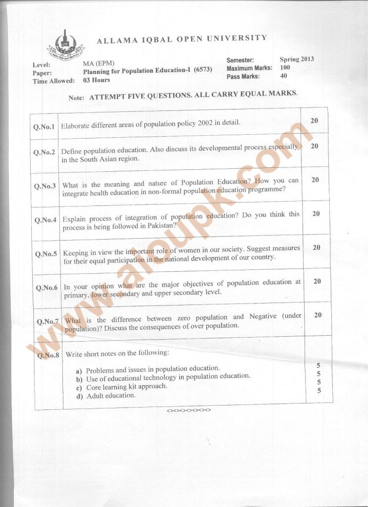 Code 6573 Planning for Population Education AIOU Old Paper