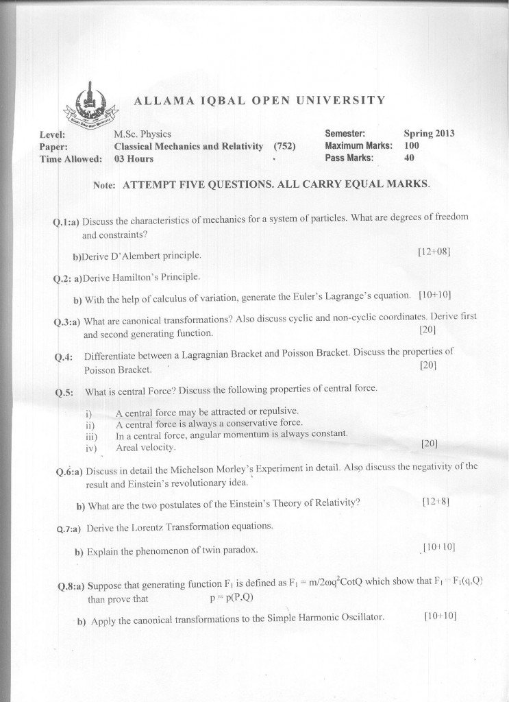 Code 752 AIOU Old Paper Classical Mechanics and Relativity