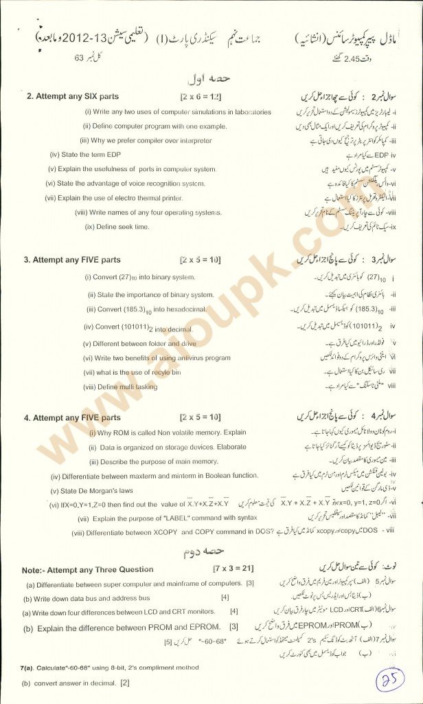 Computer Science Pattern Guess paper BISE matric
