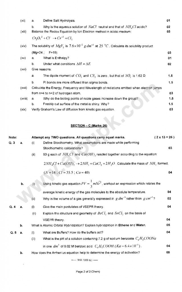 Chemistry of HSSC-I FBISE  1st year old paper 