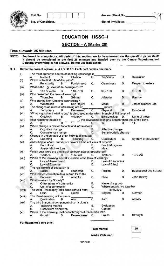 Education Past Paper of FBISE First year