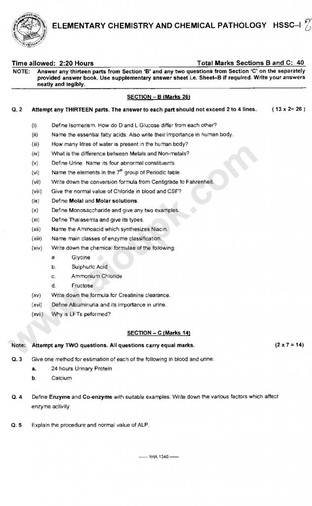 Model Guess papers of Elementary Chemistry and Chemical Pathology FBISE Fedral Board 2014 1st year class 11th