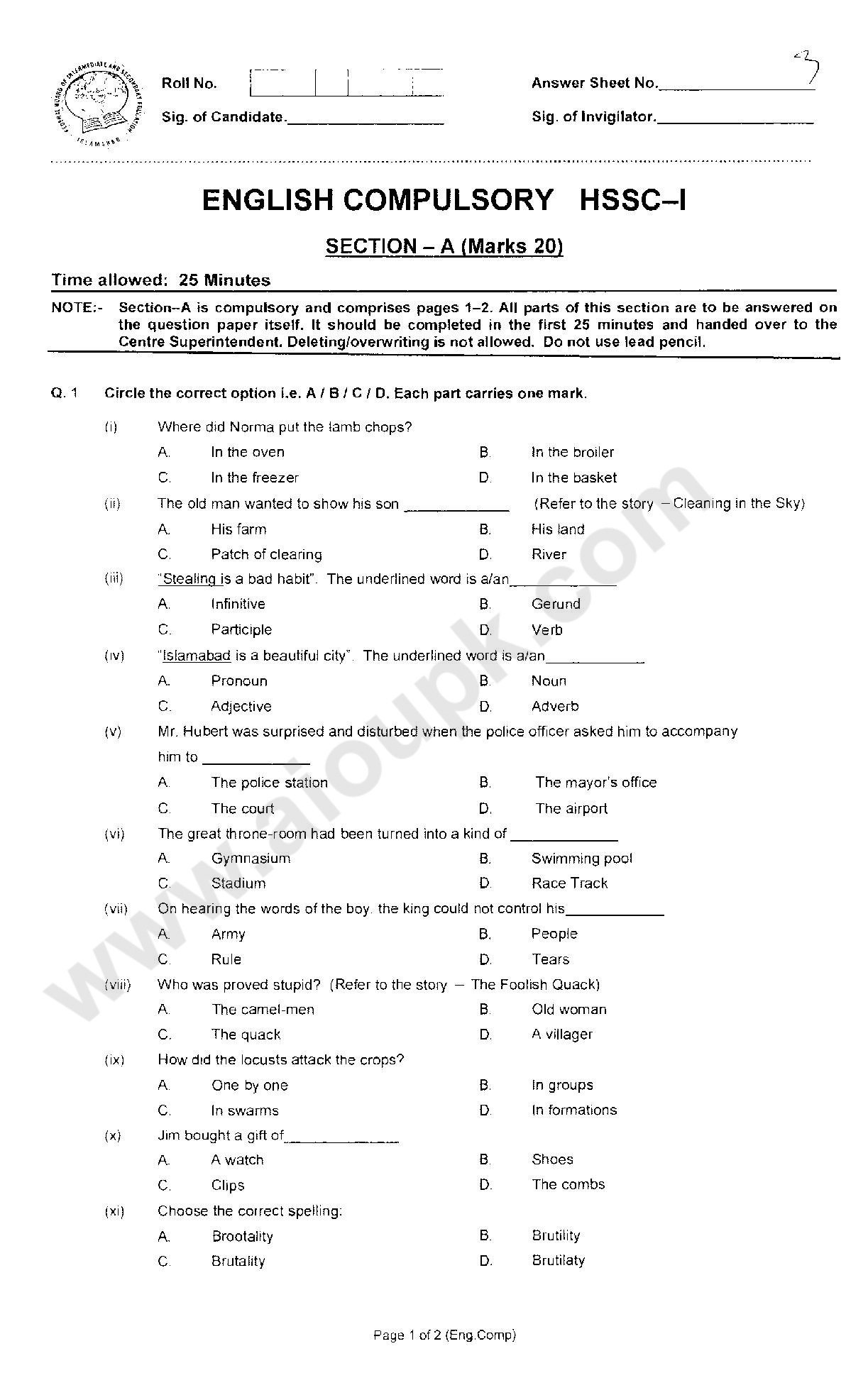 Intermediate 2nd year model papers chemistry