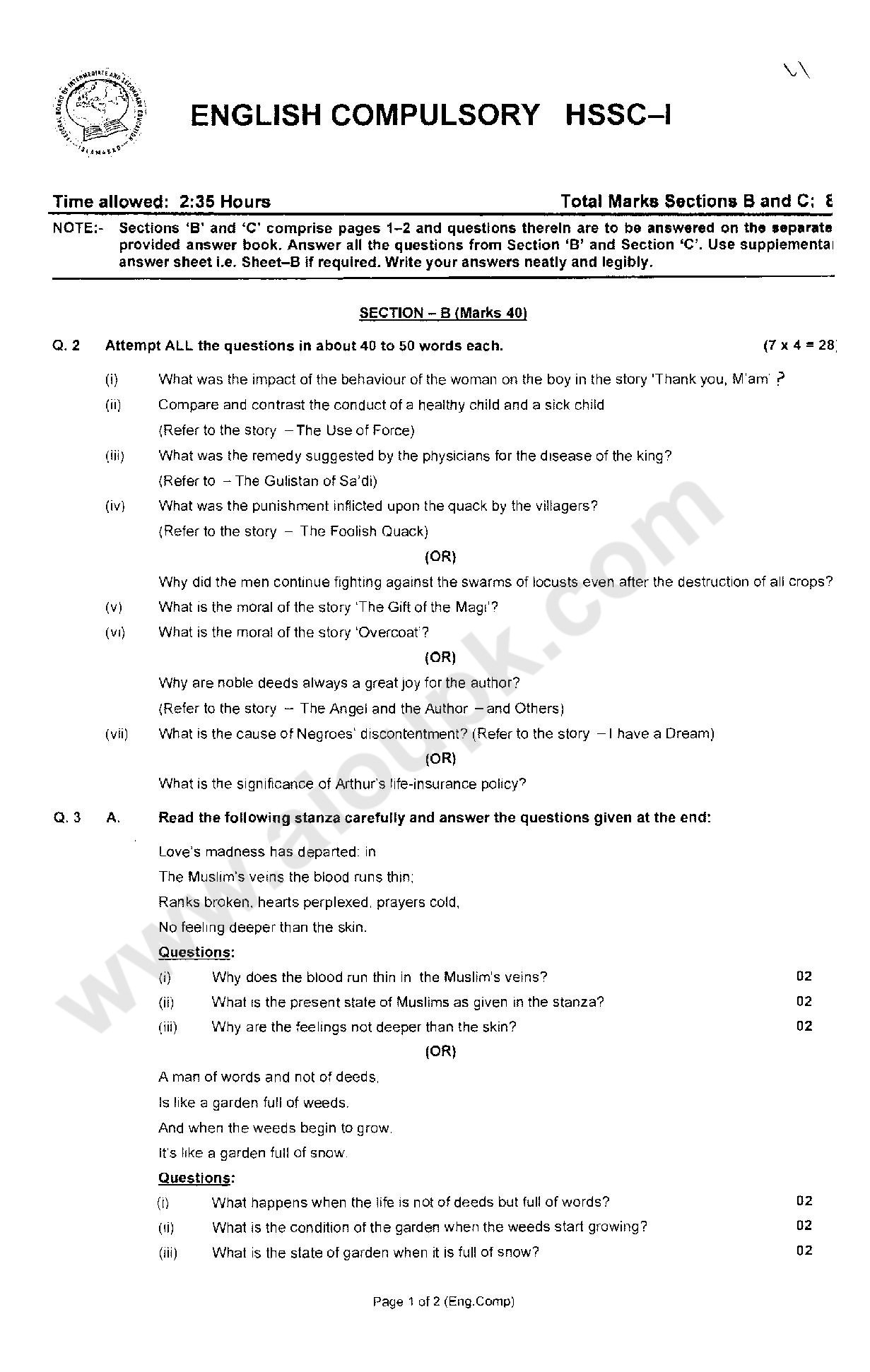 Past papers of english intermediate part 1 2011