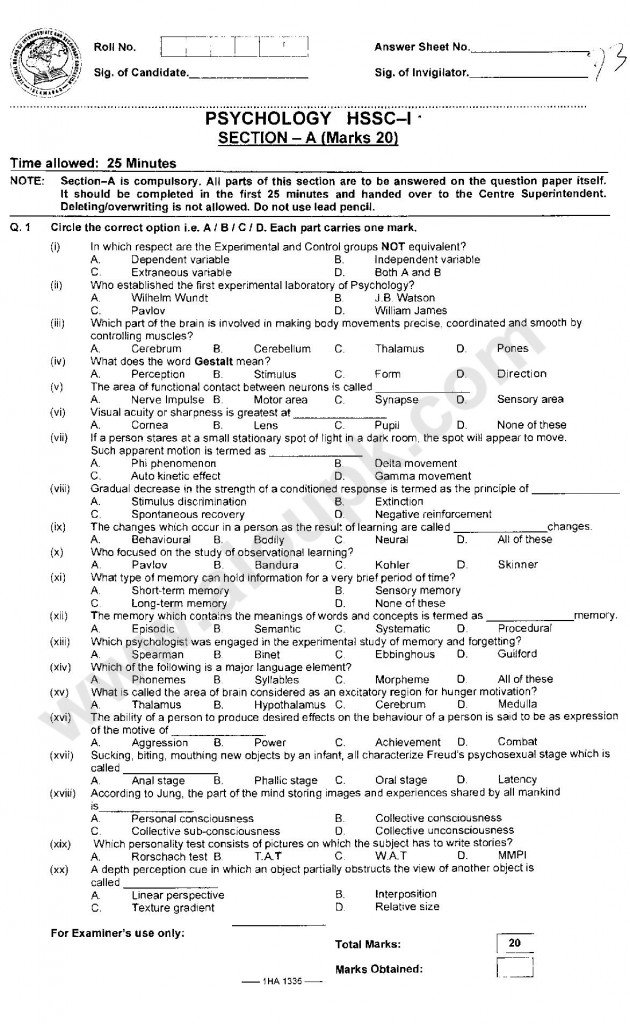 Psychology HSSC-I FBISE Old Papers 2014