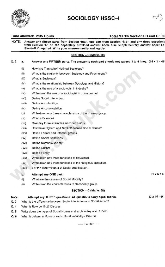 Sociology Model Guess Paper 2014 for First year HSSC-I 