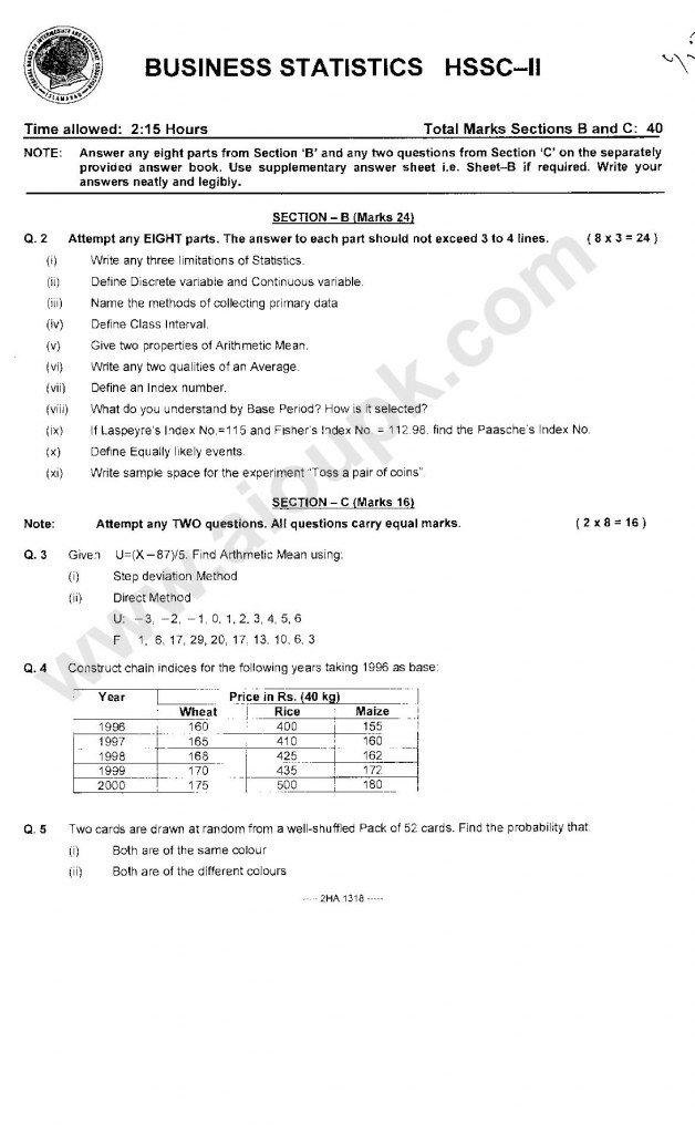 Business Statistics Model Guess papers past papers FBISE class 12th 2nd year