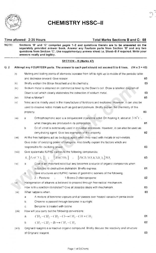 Chemistry  Past Papers 2014 Federal Board for second year HSSC-II