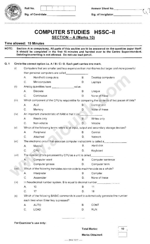 Computer Science Model Guess Papers 2014 solved 2nd year Federal board