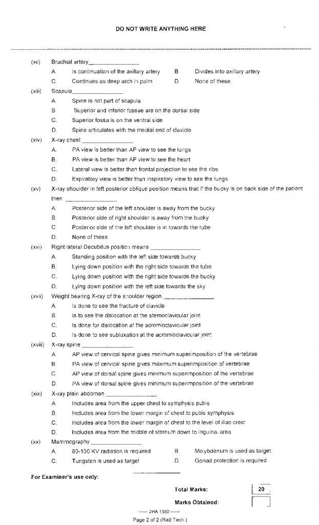 Radiographic Techniques 2nd Year Past Paper FBISE 2013