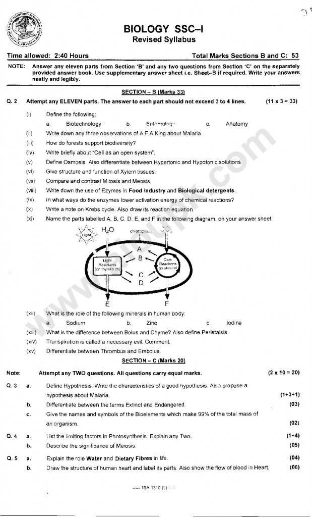 Biology Past Paper Subjective for medical students 2014