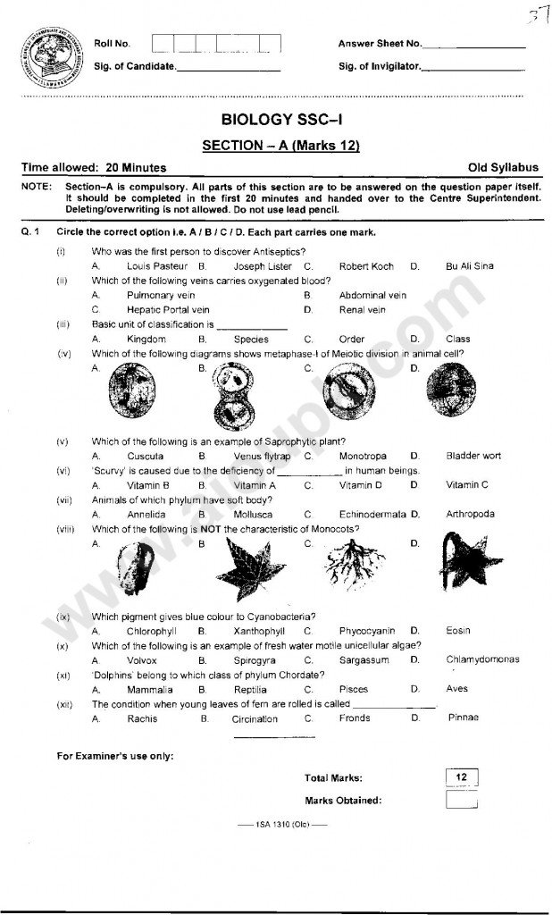 Biology objective MCQ's paper 2014 for class 9th