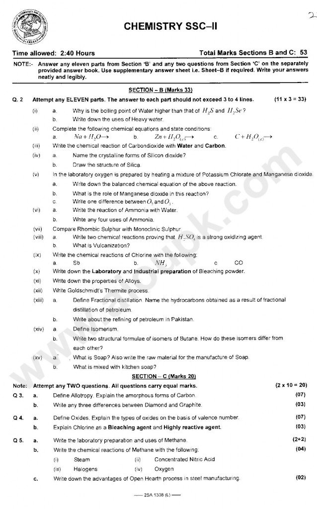 Chemistry Past Model Papers SSC Part 2 FBISE 2014