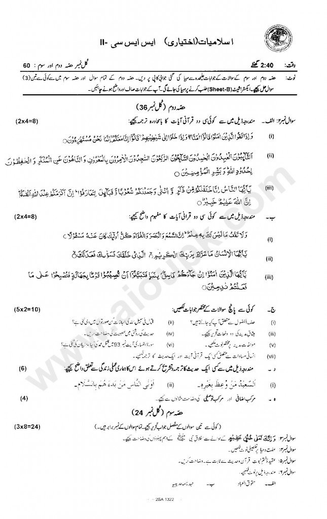 Islamic Guess Papers of Matric FBISE 2014