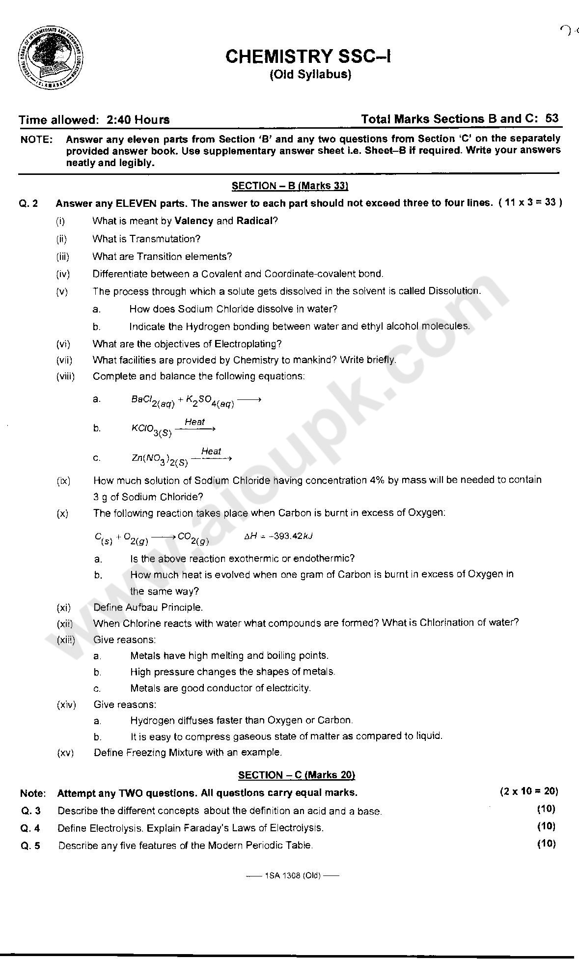 Chemistry 9th Class Past Model Papers Of Federal Board 2015 4907