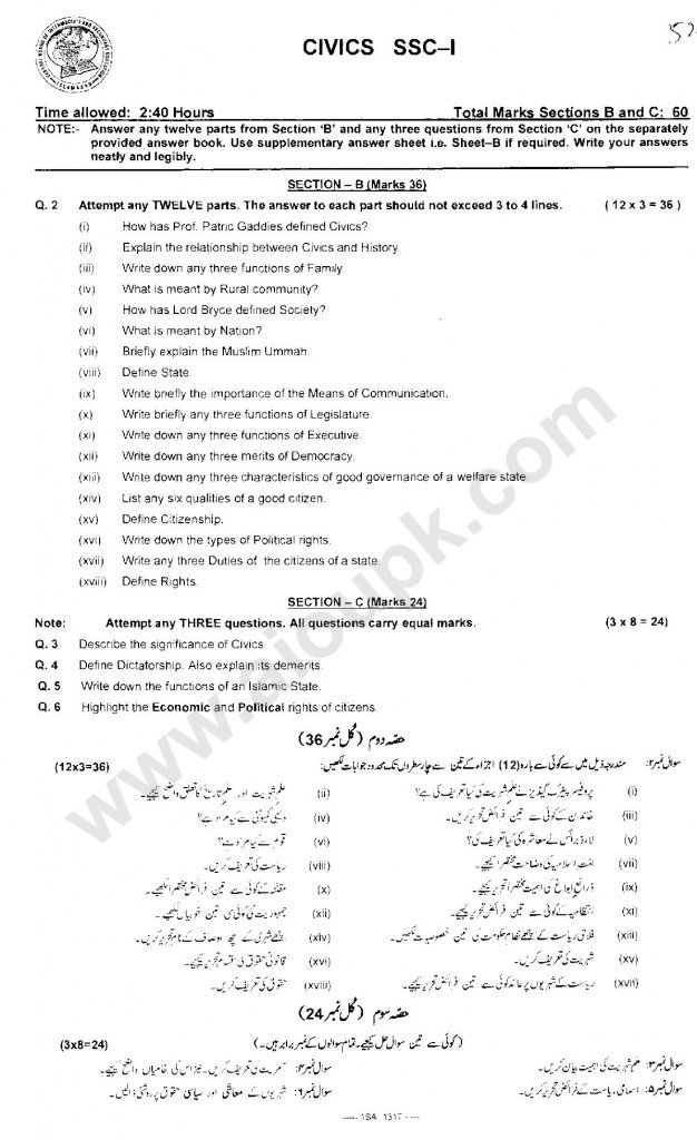Civics Old Model Papers of Federal Board 9th Class 2015