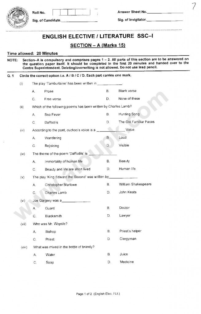 English Literature Past papers of SSC Part I 9th Class FBISE 2015