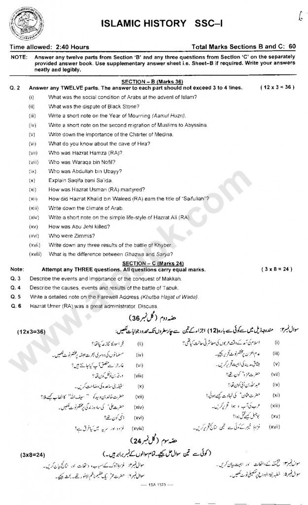 Islamic History Supplementary Papers of SSC I  Federal Board 2015