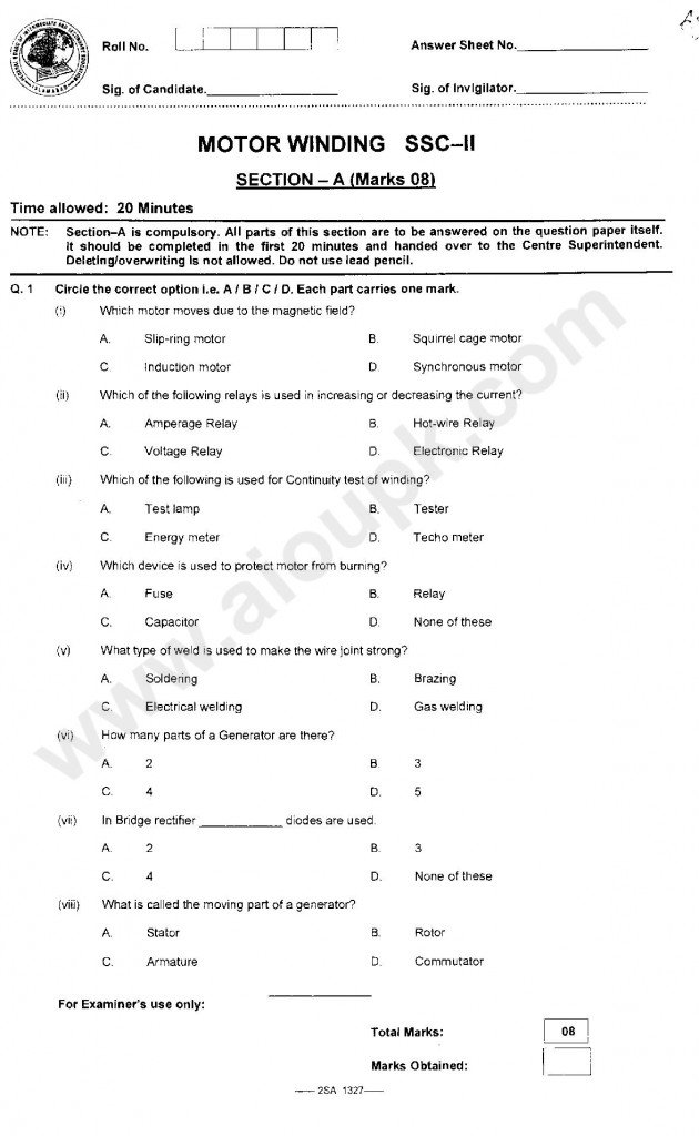 Motor Winding Past Papers of SSC II Matric FBISE 2014