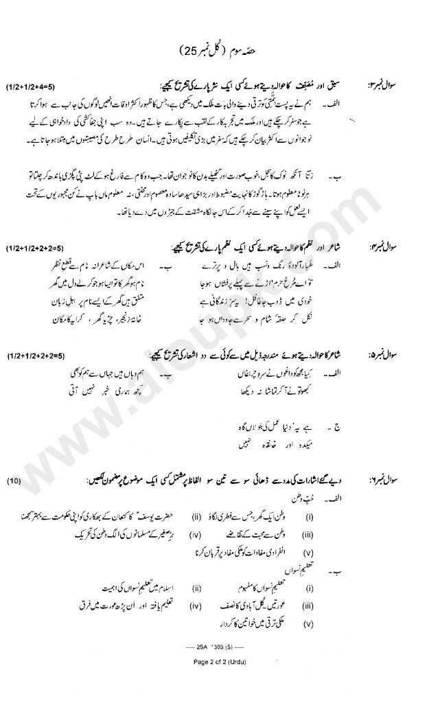 Urdu Compulsory Old Guess Papers of 10th Class FBISE 2015