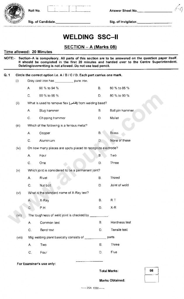 Welding SSC Past Papers of FBISE Matric 10th Class