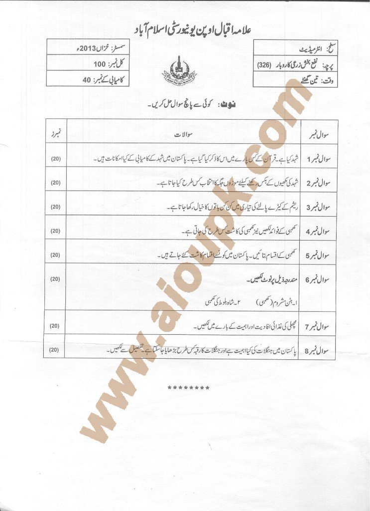 AIOU Old Paper Code 326 Farm Income Generating Skills 2014