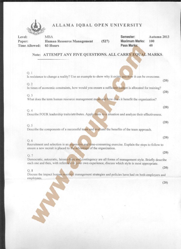 AIOU old paper MBA Code 527 Human Resource Management  2015