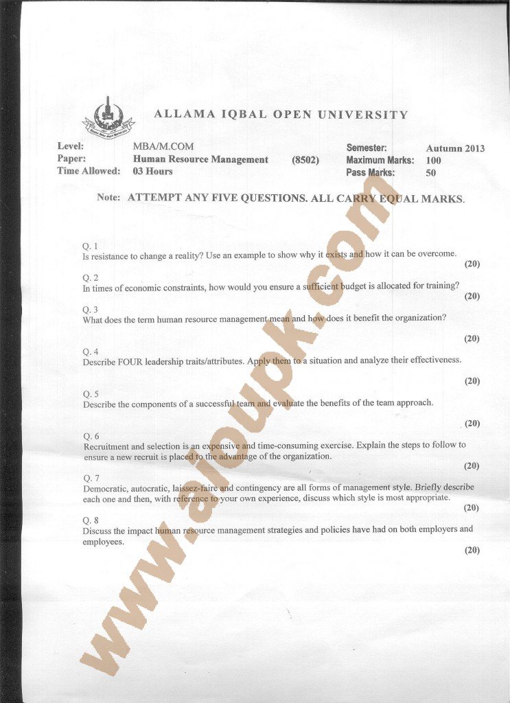 AIOU old paper Code 8502 Human Resource Management 2014