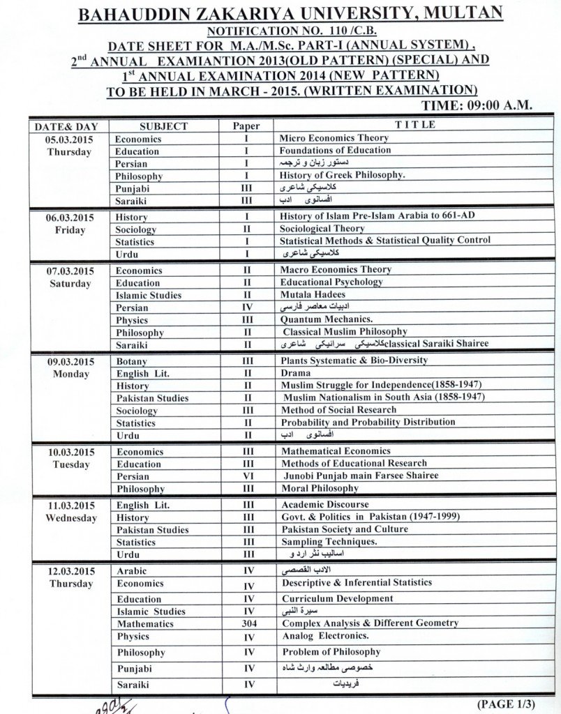 Bahauddin Zakariya University MA MSc Date Sheet Part 1 and Part 2