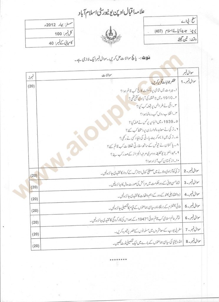 AIOU Old Papers Code: 407 Course:Modern Muslim World