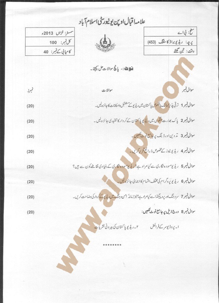 Radio Broadcasting Code 453 Level : BA, AIOU Old Paper Spring 2012-Autumn 2014